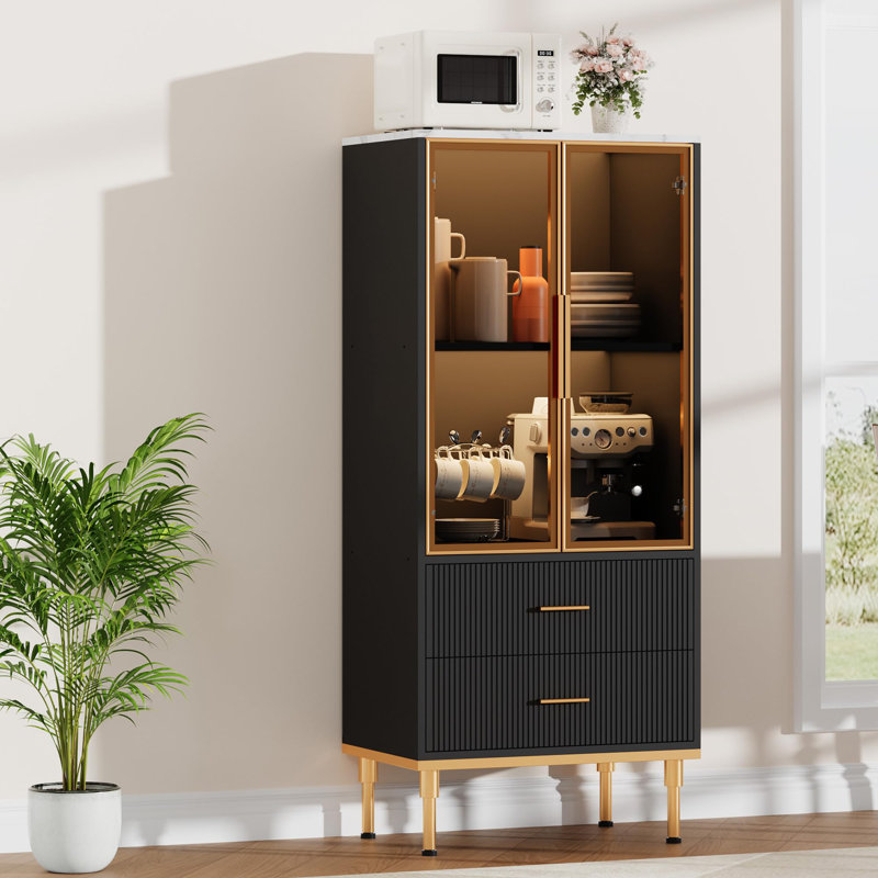 Fluted Storage Cabinet With Glass Door And 2 Drawers, Modern Display Storage Cabinet, Black