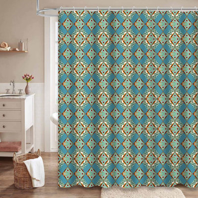 Rideau de douche géométrique bleu vert, brun, carreaux, bleu sarcelle et 12 crochets