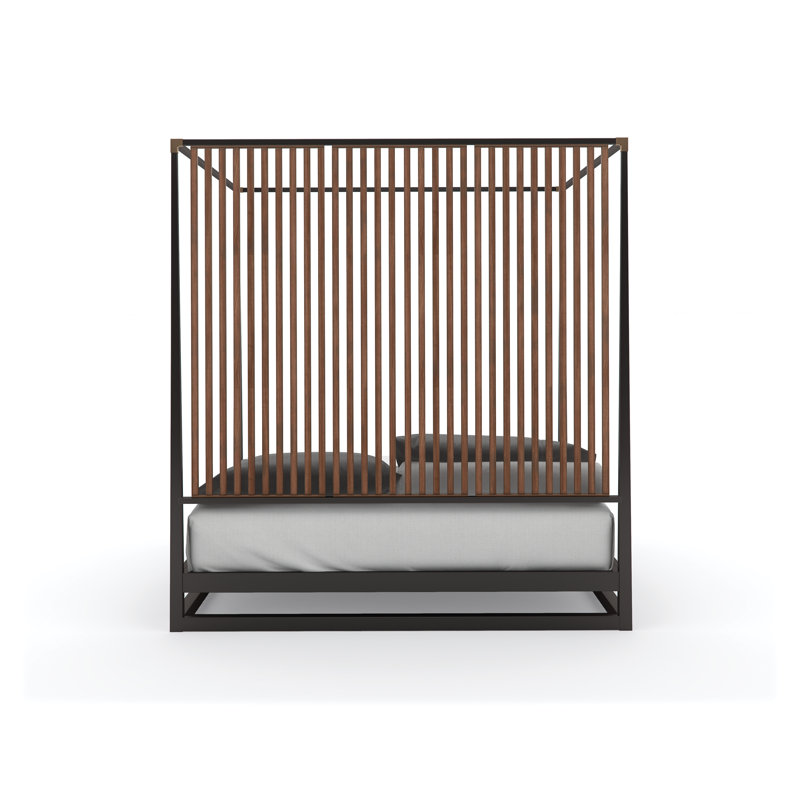 Transitional Queen Platform Canopy Bed with Upholstered Headboard