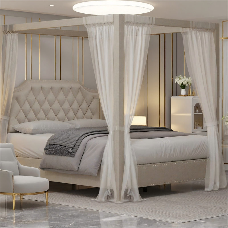 Upholstered Canopy Bed Frame with Tufted Headboard, Nailhead Trim, No Box Spring Needed, Full , Beige