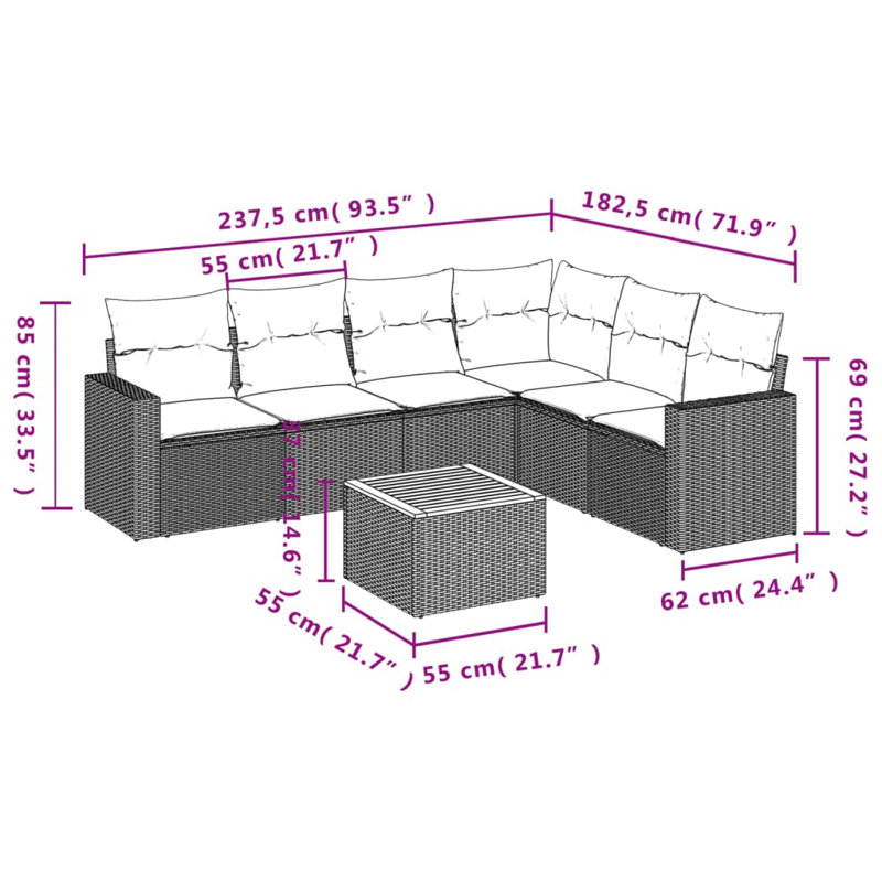 Ensemble de canapé de patio 7 pièces avec coussins en rotin de polyester, Gris, Marine