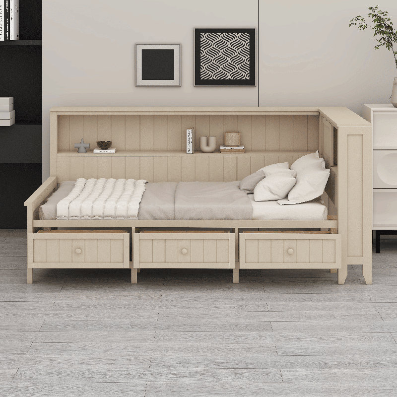 Lit de jour en bois avec 3 tiroirs, lit de jour simple avec tête de lit