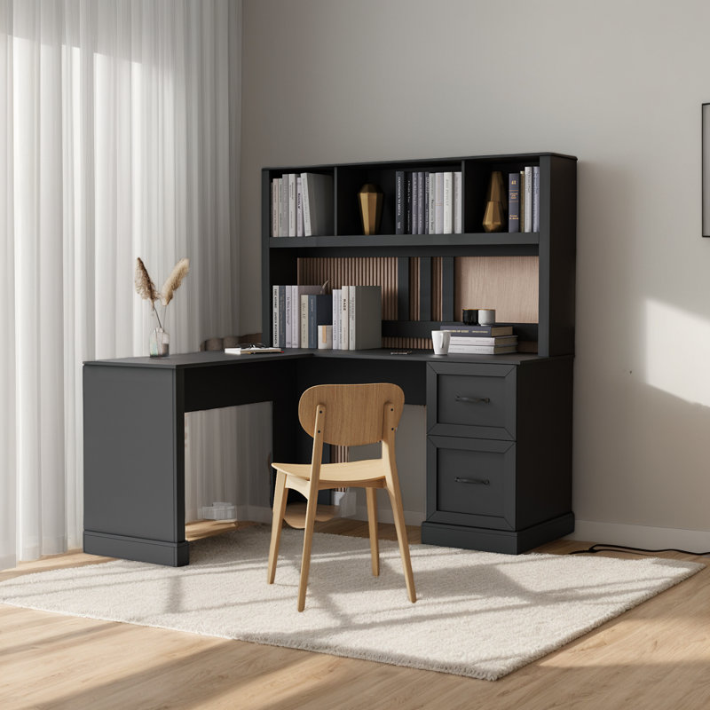 64.96" Home Office Computer Desk With Hutch, Black