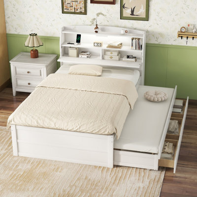Full Wooden LED Platform Bed with Trundle, Storage Headboard, Drawers, Solid Wood Frame, White