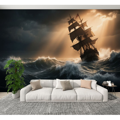 Peel and Stick Wallpaper Stormy Ocean Sailing Ship Battling Giant Waves Under Dramatic Golden Wall Murals 100"H x 144"W Removable PVC Wall Paper Self-Adhesive Wall Decor for Bedroom Living Room Home Office