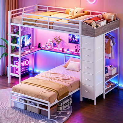 Lit superposé simple en L 88,2 x 72,8 x 42 po avec bureau et portemanteau