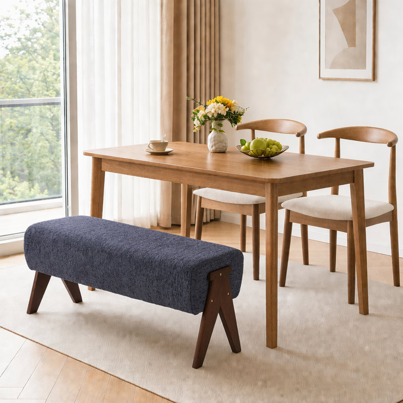 Banc rembourré avec cadre en bois et repose-pieds rectangulaire avec mousse haute densité, Bleu