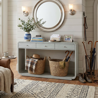 55" Modern Heritage Console Table With Seamless U-Shaped Silhouette, 3 Deep Storage Drawers & Integrated Display Tier (5 Finishes Available)