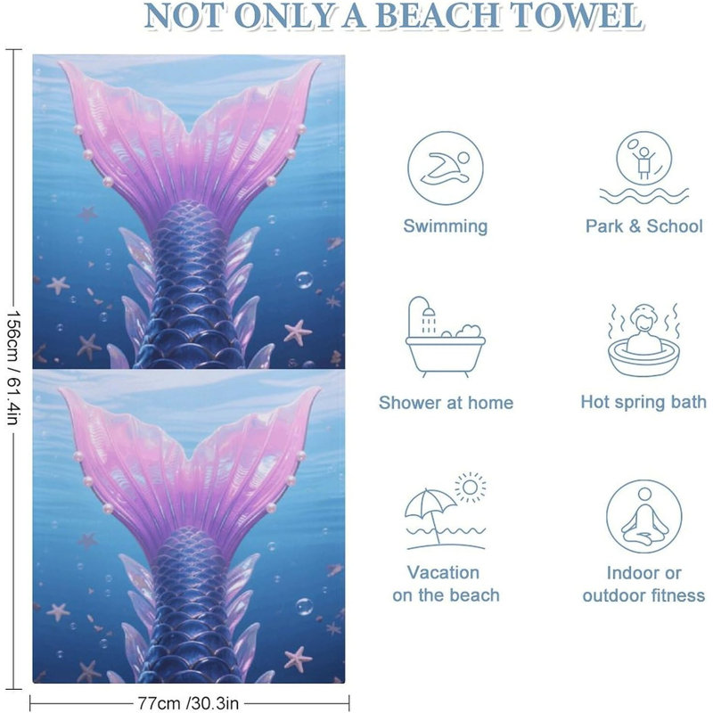 Serviette de plage en microfibre à séchage rapide et queue de sirène, 32 x 63 po