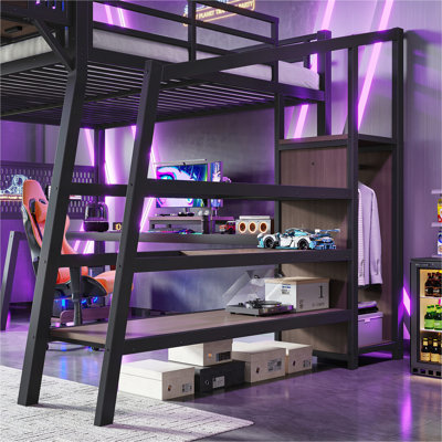 Lit mezzanine double avec escalier de rangement, lit mezzanine avec tablette perforée et garde-robe intégré, cadre de lit mezzanine en métal avec ports USB et lumières DEL, conception à bruit réduit, noir