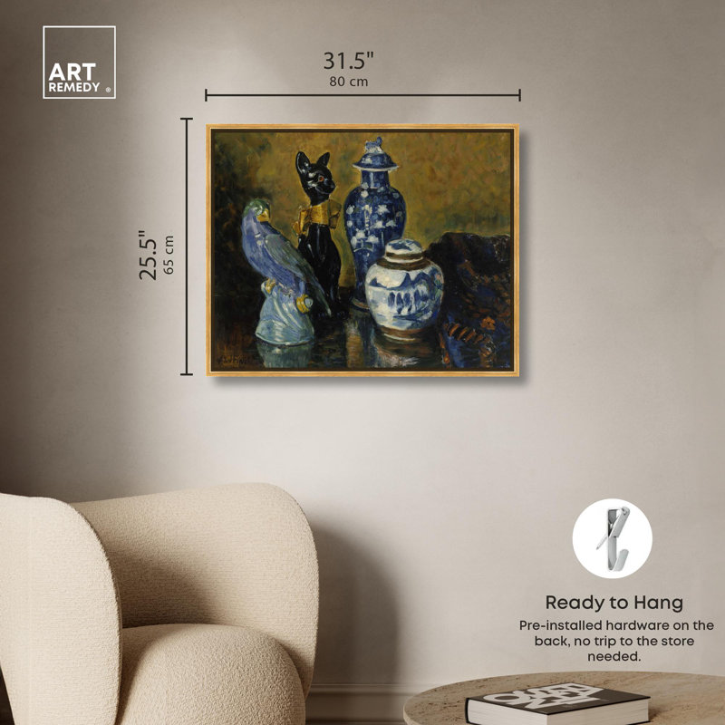 Nature morte avec des figurines bleues, art rétro par Art Remedy, Cadre doré, H 25 po x l 31 po