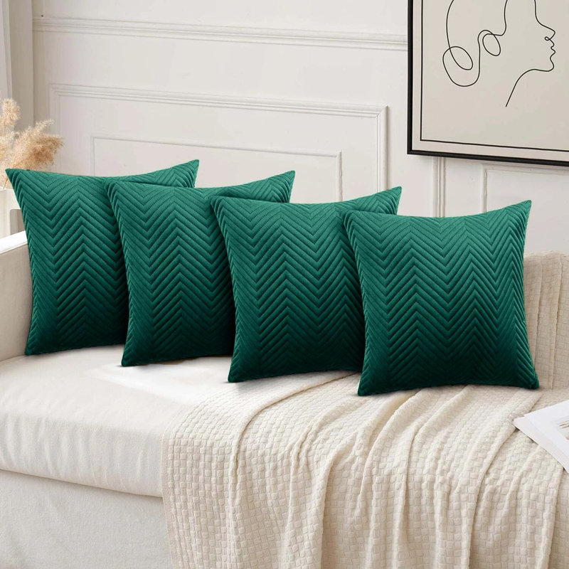 Luxury Chevron Embossed Quilted Pattern Velvet Cushion Cover Set (4-Pack) - Soft Throw Cushion Cover for Home Décor, Emerald