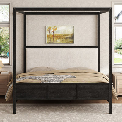 King size Wooden Canopy Platform bed with Upholstery Headboard