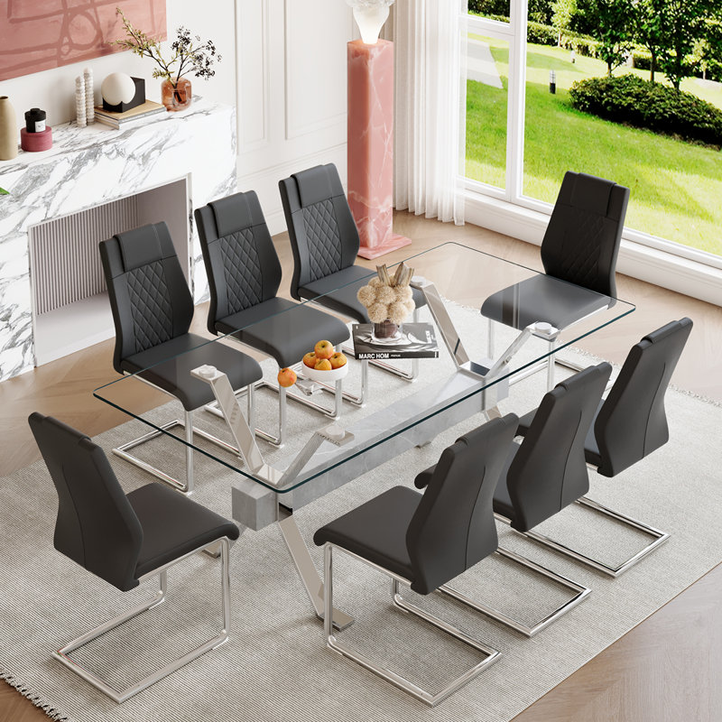 7-Piece Glass Top Dining Table Sets, Silver, Black/Silver