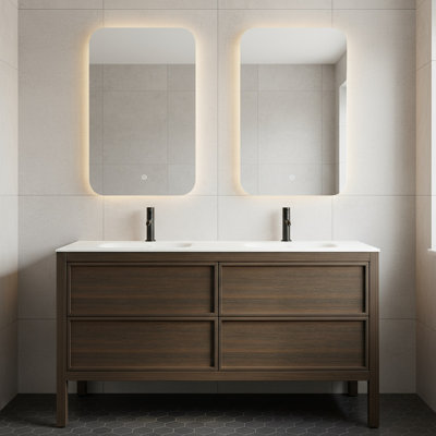 Vivian 60" W X 20" D 4 Drawer Freestanding Bathroom Vanity In Smoked Oak With White Solid Surface Countertop