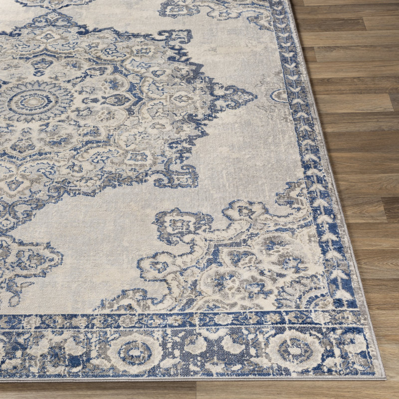 Tapis oriental bleu marine / gris moyen / crème / gris argenté Hilyard, Rectangle 8 pi 10 po x 12 pi 3 po