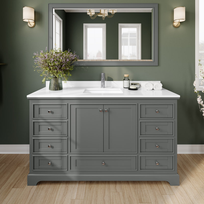 Ensemble de meuble-lavabo simple 60 "avec miroir Deborah, Marbre de culture blanc, Gris foncé / chrome poli