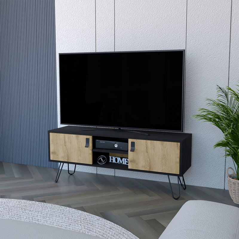 Meuble télé avec pieds en épingle, unité multimédia avec 2 portes et tablettes ouvertes