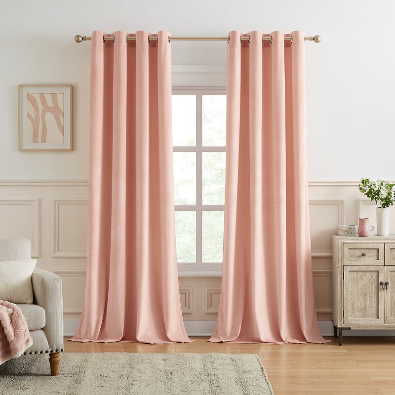 Deavion Velvet Solid Color Metal Grommets Room Darkening Curtain Panels, 52" W x 108" L, Blush