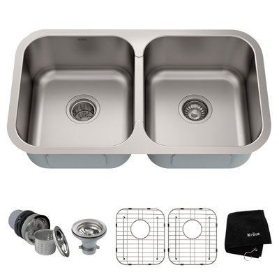 KRAUS Premier 32-inch L 18 Gauge Undermount 50/50 Double Bowl Stainless Steel Kitchen Sink