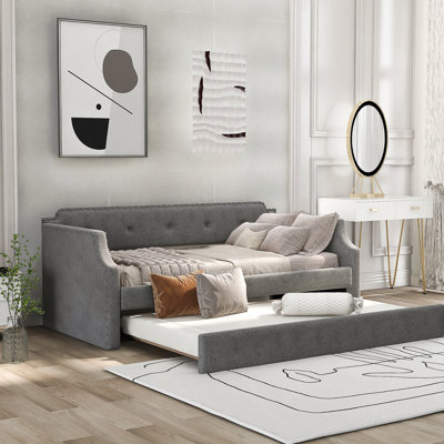 Upholstered Daybed With Trundle, Wood Slat Support,Upholstered Frame Sofa Bed