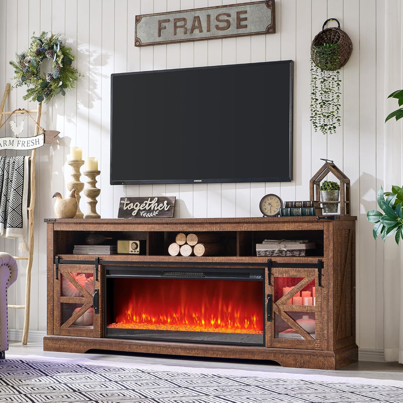 Taye 2-Cabinet TV Stand Fireplace, Brown