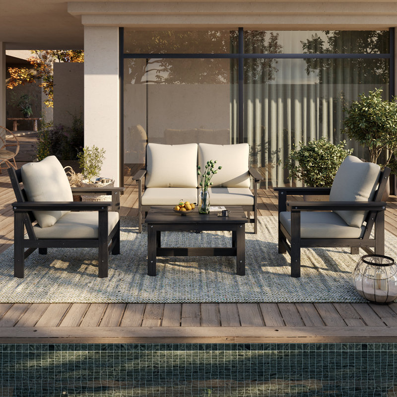 4-Person Modular HDPE Outdoor Conversation Set With Thick Cushions, All-Weather Poly Lumber Patio Sofa Seating Set, Beige
