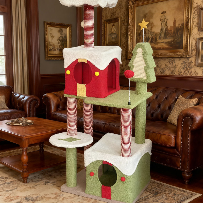 Arbre à chat de Noël spacieux avec hauteur de 54 pouces avec dispositif de basculement et installation facile en plusieurs niveaux