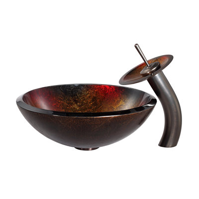 Copper Glass Circular Vessel Bathroom Sink with Faucet
