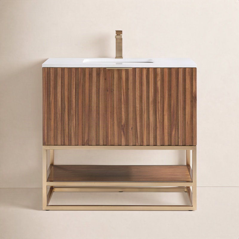 Terra 36'' W Single Vanity, White Quartz/Single Faucet Mount, Walnut, Satin Brass