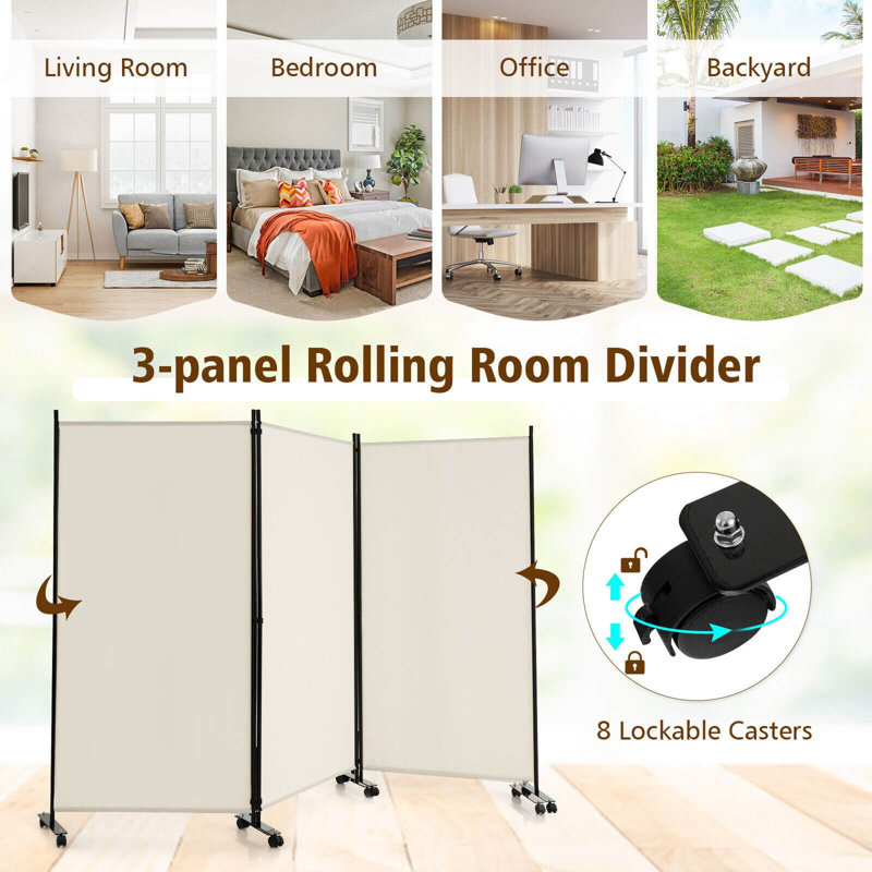 White 3-Panel Folding Room Divider with Lockable Wheels