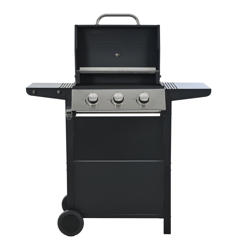 Barbecue au propane pour barbecue à 3 brûleurs en acier inoxydable pour l'extérieur, 26 000 BTU avec tablettes latérales, couvercle, roues et ouvre-bouteille, finition noire