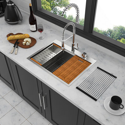28 Inch Stainless Steel Drop-In Kitchen Sink With Workstation Ledges And Soundproofing