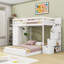 Lit superposé simple au-dessus d'un lit double en bois avec tiroirs de rangement intégrés, tablettes latérales et escalier-1256448492