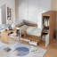 Lit plateforme double en bois avec 6 tiroirs, tablettes, bureau et garde-robe-145616750