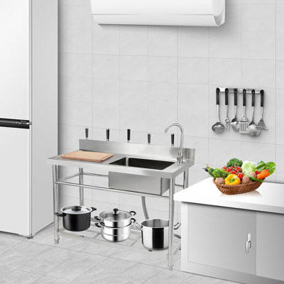 Stainless Steel Utility Sink, Freestanding Single Bowl Sink with Hot & Cold Water Faucet and Undershelf, Commercial Kitchen Laundry Garage Sink