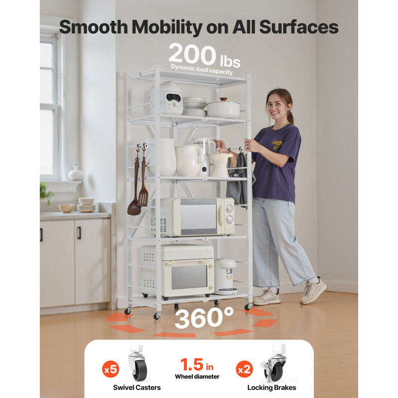 Étagère de rangement pliante à roulettes à 5 niveaux en métal blanc - Q235 - Tablette de rangement pliante - capacité de 200 lb