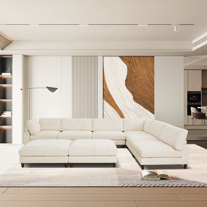 176" W 8-Piece Reversible Corduroy Modular Sectional , White Corduroy