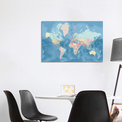 Carte du monde détaillée avec des villes aux couleurs pastel, giclée sur toile tendue avec châssis Vickie