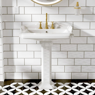 Lavabo de salle de bain rectangulaire sur pied en porcelaine vitrifiée de 35,4 po de hauteur avec trop-plein