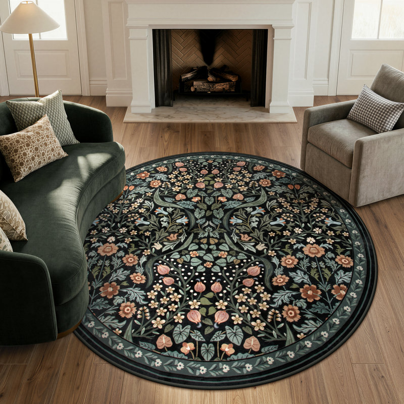 Tapis lavable à motif floral Kaldi, Rond 6 pi, Noir