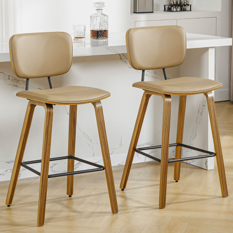 Brown PU Leather Upholstered Counter Stools with Wood Legs, Set of 3