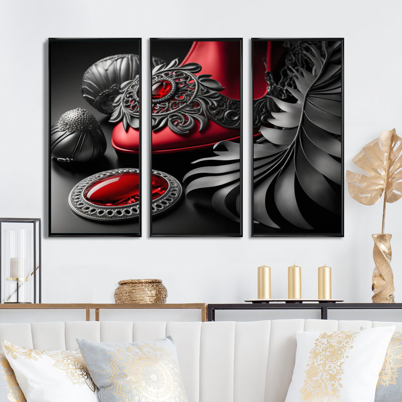 «Vintage Glam Acessores and Sler and Ruby Red», reproduction sur toile 3 pièces, Toile encadrée noire, L 48 po x H 32 po