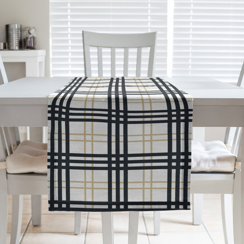Paid Polyester Table Runner, 90" L x 16" W, White/Old Gold/Black