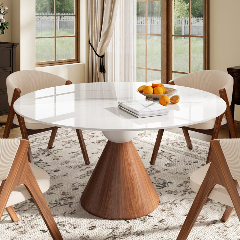 Table de salle à manger moderne en pierre frittée avec base conique, H 29,53 po x L 53,15 po x l 53,15 po, Ivory Vein