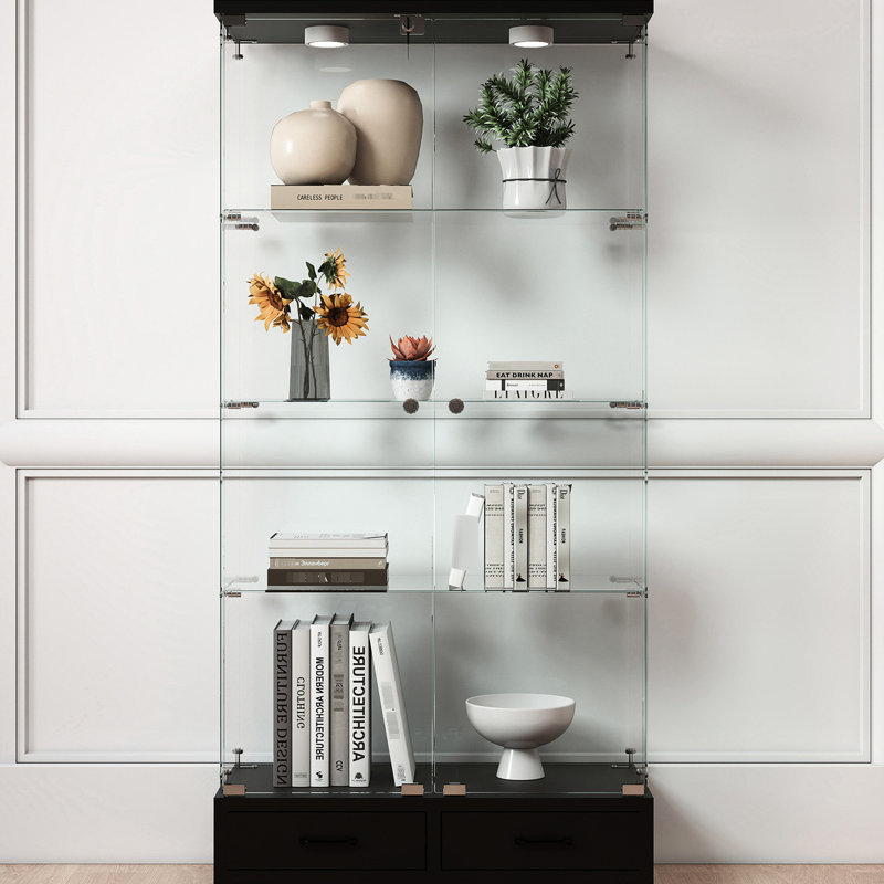 Black Glass Display Cabinet With 2 Large Drawers, 4 Shelves, And 13 - Colour Led Lighting For Bedroom Lock Use, Black