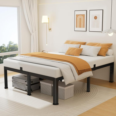 Base de lit pour grand lit de 14 pouces, base de lit plateforme en métal avec pieds d'angle arrondis, support de lattes en acier robuste de 3500 lb, aucun sommier tapissier requis, silencieux, assemblage facile, noir