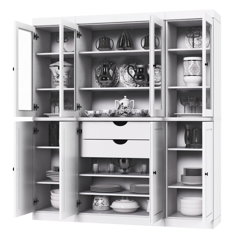 Armoire de cuisine haute 100% en bois massif avec portes en verre et 2 tiroirs, tablettes réglables, armoire de rangement modulaire de cuisine Pulcova, l 65 po x H 71,5 po