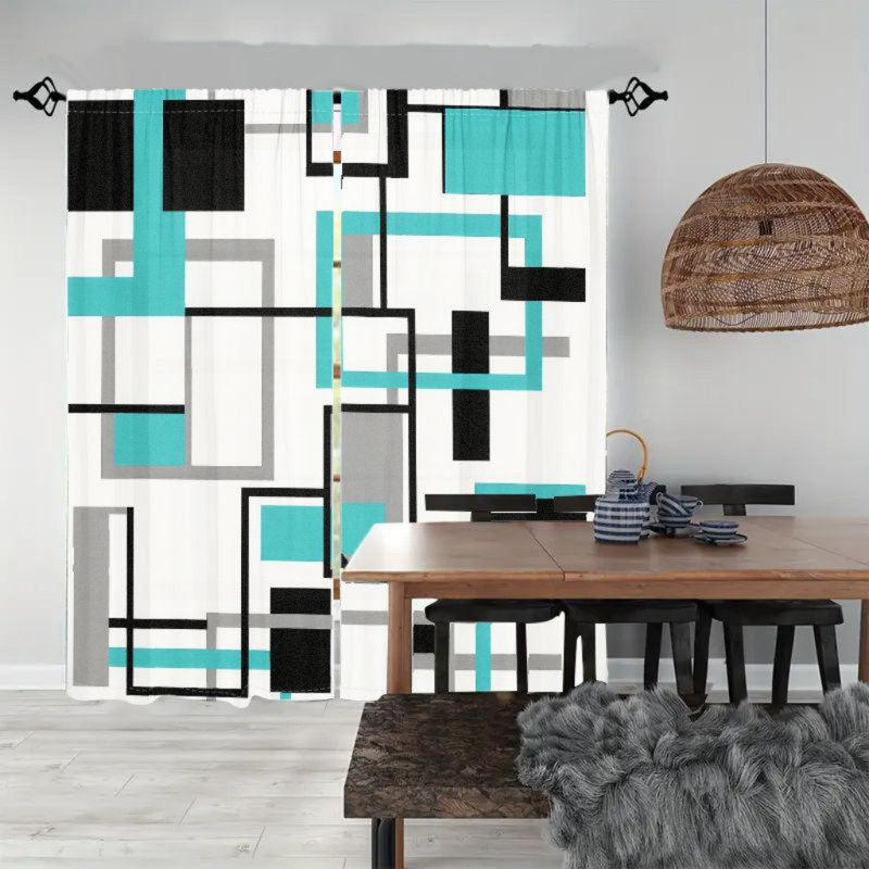 2Pcs Modern Geometric Pattern Curtains, Abstract Block Art Design Decorative Rod Pocket Window Drapes For Living Room Bedroom Kitchen Home Decor,  Light Filtering Curtain