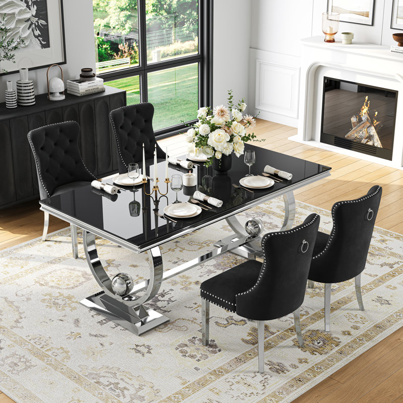70" Glass Dining Table Set Of 5, Double U-Shaped Polished Stainless Steel Base, 10Mm Thick Tempered Glass Top And Velvet Upholstered Nailhead Chairs
